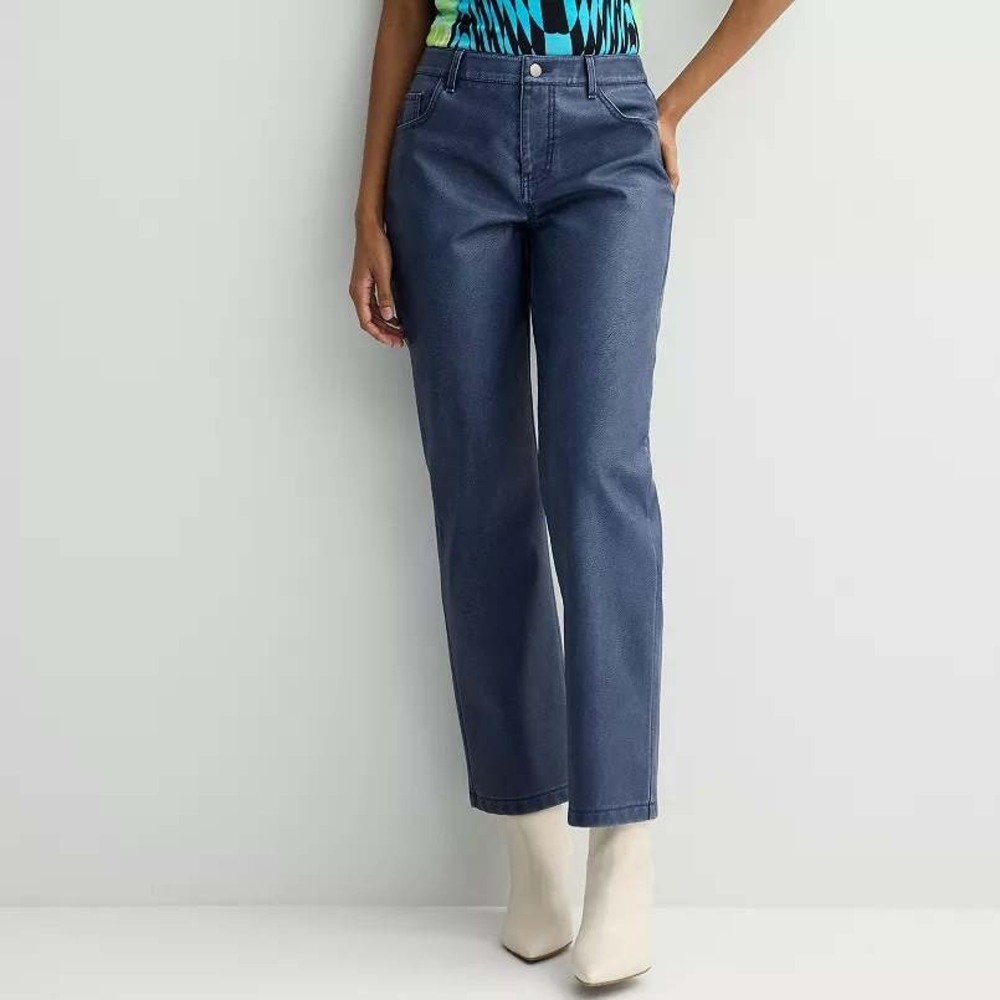 INTEMPO Womens Faux Leather Pants High Rise Blue Straight Leg High Rise Size 6